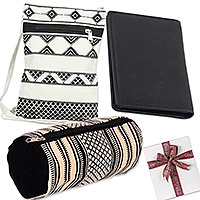 Curated gift set, 'Sleek Travel' - Handcrafted Cotton Bags and Leather Wallet Curated Gift Set