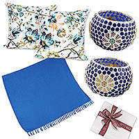 Curated gift set, 'My Serene Home' - Blue-Toned Floral Home Decor Curated Gift Set from India