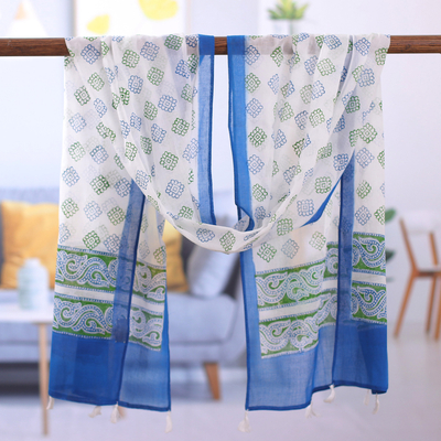 Block-printed cotton scarf, 'Spring Gala' - Handcrafted Block-Printed Floral Blue and Green Cotton Scarf