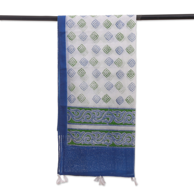 Bufanda de algodón con estampado block - Bufanda de algodón azul y verde floral con estampado de bloques hecha a mano