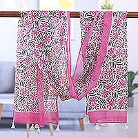 Block-printed cotton scarf, 'Dulcet Passion' - Handcrafted Block-Printed Floral Pink and White Cotton Scarf