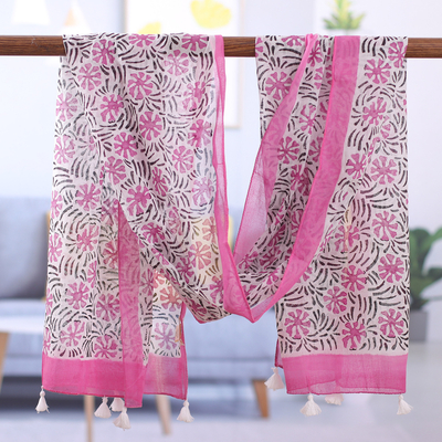 Bufanda de algodón con estampado block - Bufanda de algodón floral rosa y blanco con estampado de bloques hecha a mano