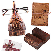 Curated gift set, 'Artsy Office' - Handcrafted Wood and Leather Office Decor Curated Gift Set