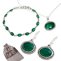 Curated gift set, 'Bewitching Green' - Sterling Silver and Green Onyx jewellery Curated Gift Set