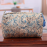 Bolsa cosmética de algodón acolchada con estampado de bloques, 'Glorious Blue' - Bolsa cosmética de algodón acolchada azul con patrón impreso en bloques