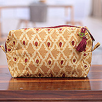 Cotton cosmetic bag, 'Lucky Assistant' - Handmade Patterned Burgundy and Yellow Cotton Cosmetic Bag