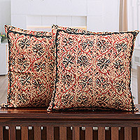 Cotton applique cushion covers, 'Ivory Garden' (pair) - 2 Ivory Kalamkari Applique Cotton Cushion Covers from India