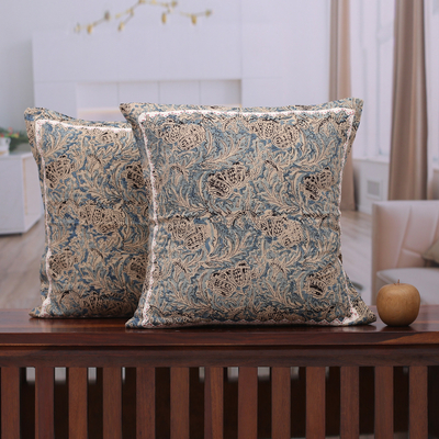 Cotton applique cushion covers, 'Blue Elegance' (pair) - 2 Ivory Blue Black Kalamkari Applique Cotton Cushion Covers
