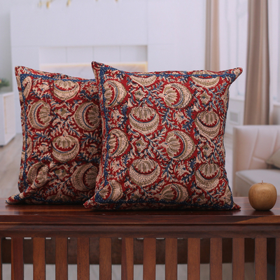 Cotton applique cushion covers, 'Royal Red' (pair) - 2 Red Kalamkari Applique Floral Cotton Cushion Covers