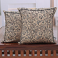 Cotton applique cushion covers, 'Midnight Garden' (pair) - 2 Ivory Grey Black Kalamkari Applique Cotton Cushion Covers