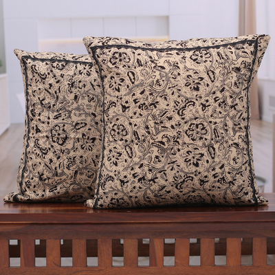 Cotton applique cushion covers, 'Midnight Garden' (pair) - 2 Ivory Grey Black Kalamkari Applique Cotton Cushion Covers
