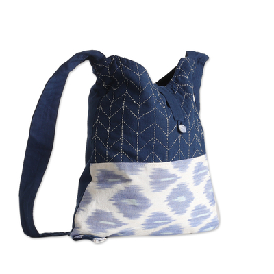 Cotton shoulder bag, 'Daydreaming in Blue' - Ikat-Patterned Blue Cotton Shoulder Bag with Button Closure