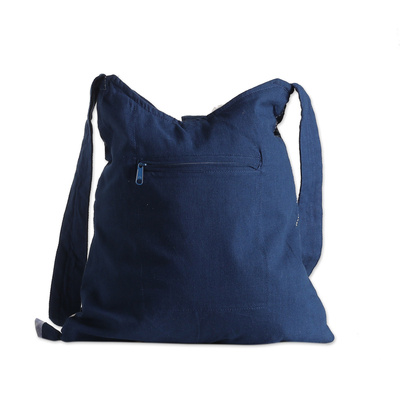 Umhängetasche aus Baumwolle, „Daydreaming in Blue“ – Umhängetasche aus blauer Baumwolle mit Ikatmuster und Knopfverschluss