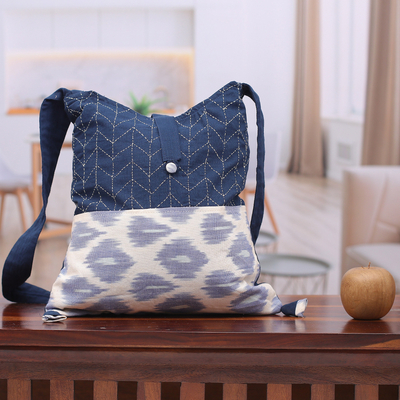 Cotton shoulder bag, 'Daydreaming in Blue' - Ikat-Patterned Blue Cotton Shoulder Bag with Button Closure