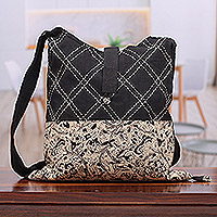 Cotton shoulder bag, 'Daydreaming in Black' - Floral-Patterned Cotton Shoulder Bag with Button Closure