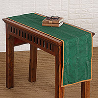 Wende-Tischläufer aus Baumwolle, „Ikat Glam“ – Wende-Tischläufer aus Baumwolle in Smaragd und Mehrfarbig