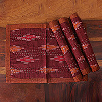 Reversible cotton placemats, 'Ikat Essence' (set of 4) - Set of 4 Reversible Cotton Placemats in Burgundy and Orange