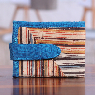 Handcrafted Striped Blue Cotton and Jute Wallet with Velcro