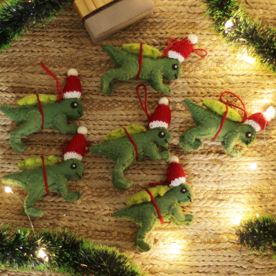 Wool felt ornaments, 'Dashing Dinos' (set of 6) - Set of 4 Dinosaur Ornaments Wool Felt Handmade