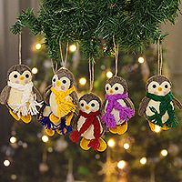 Wool felt ornaments, 'Playful Penguins' (set of 6) - Set of 6 Handcrafted Christmas Wool Felt Penguin Ornaments