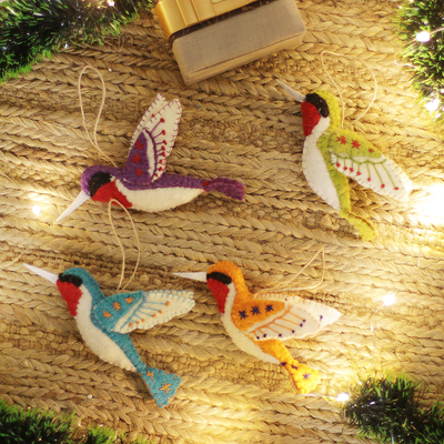 Wool felt ornaments, 'Flying Friends' (set of 4) - Handcrafted Wool Felt Woodpecker Bird Ornaments (Set of 4)