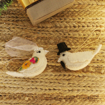 Wool felt ornaments, 'Flying Bride & Groom' (set of 2) - Handcrafted Bird-Themed Bride and Groom Ornaments (Set of 2)