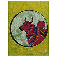 'Nandi, The Bull' - Pintura de vaca acrílica verde y marrón expresionista firmada