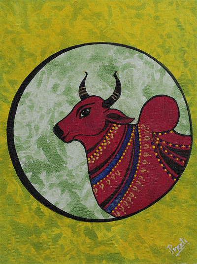 'Nandi, The Bull' - Signed Expressionist Green and Brown Acrylic Cow Painting