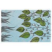 „Himmlische Blätter“ – signiertes expressionistisches Blatt-Acrylgemälde in Blau und Grün
