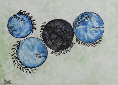 'Earth Day' - Signed Expressionist Leafy Blue and Black Planet Painting