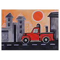 'Car Series I' - Pintura de paisaje urbano acrílico en tonos cálidos impresionista firmada