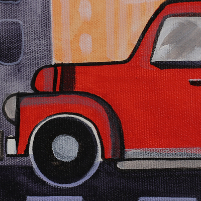 'Car Series I' - Pintura de paisaje urbano acrílico en tonos cálidos impresionista firmada