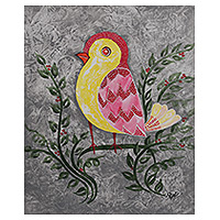 'Tribal Bird' - Pintura impresionista firmada de un pájaro frondoso rosa y amarillo