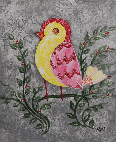 'Tribal Bird' - Pintura impresionista firmada de pájaros frondosos de color rosa y amarillo