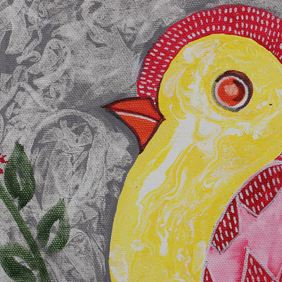'Tribal Bird' - Pintura impresionista firmada de pájaros frondosos de color rosa y amarillo
