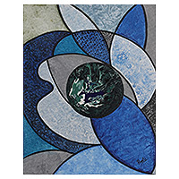 'Plant Earth' - Pintura acrílica expresionista abstracta firmada en azul y gris