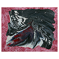 'Red Algae' - Pintura acrílica abstracta firmada en negro y rojo procedente de la India