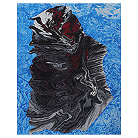 'Blue Lagoon' - Pintura acrílica abstracta firmada en negro y azul procedente de la India