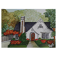 'Whimsical House' - Pintura expresionista acrílica del jardín trasero de una casa