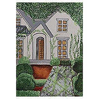 „Hinterhof“ – Acrylgemälde eines Haushinterhofs mit Efeu und Büschen