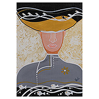 „Leutnant“ – Acrylporträt eines Mannes in Uniform mit Hut, Vögeln und Fischen