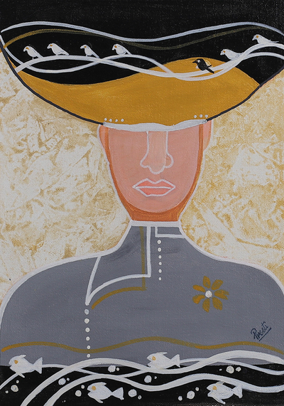 'Lieutenant' - Acrylic Portrait of Man in Uniform with Hat Birds and Fish