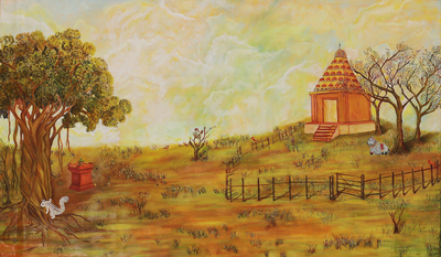 'Temple Scene' (2023) - Oil Landscape Painting of Traditional Rural Hindu Temple