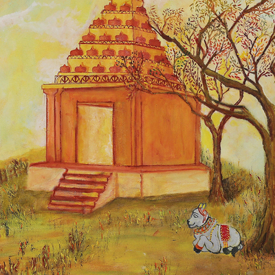 'Temple Scene' (2023) - Oil Landscape Painting of Traditional Rural Hindu Temple