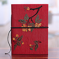 Rayon embroidered journal, 'Romantic Sonata' - Indian Handmade Floral Rayon-Embroidered Journal in Red Hues