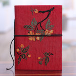Rayon embroidered journal, 'Romantic Sonata' - Indian Handmade Floral Rayon-Embroidered Journal in Red Hues