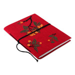 Rayon embroidered journal, 'Romantic Sonata' - Indian Handmade Floral Rayon-Embroidered Journal in Red Hues