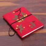 Rayon embroidered journal, 'Romantic Sonata' - Indian Handmade Floral Rayon-Embroidered Journal in Red Hues