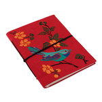 Rayon embroidered journal, 'Romantic Sonata' - Indian Handmade Floral Rayon-Embroidered Journal in Red Hues