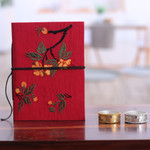 Rayon embroidered journal, 'Romantic Sonata' - Indian Handmade Floral Rayon-Embroidered Journal in Red Hues